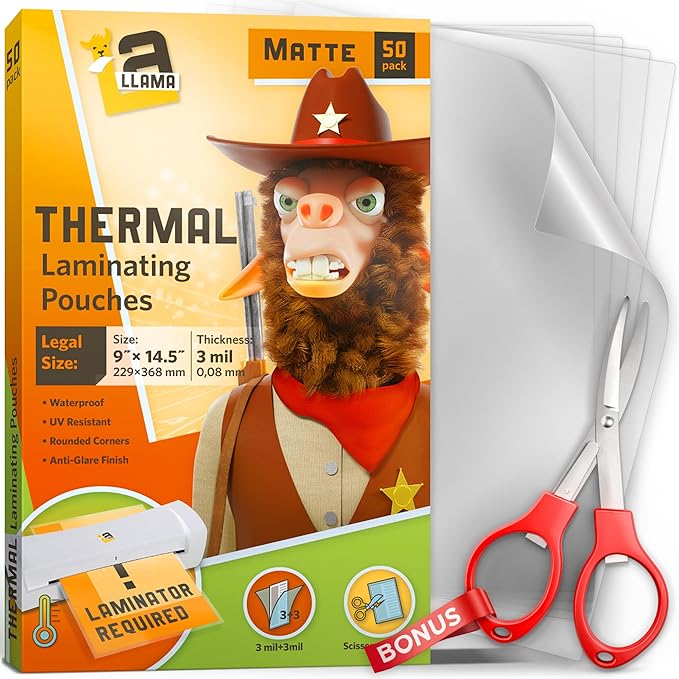 Matte Laminating Sheets 9” x 14.5”, 3 Mil Thick, 50 Pack, Legal Size Matte Thermal Laminating Pouches 8.5 x 14