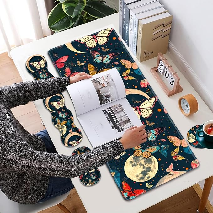 Large XXL Gaming Desk Mat 31.5"x 11.8", Ergonomic Keyboard Wrist Rest & Mouse Pad Wrist Rest + Coaster Set, Non-Slip Base, Memory Foam, Office and Home, Moon Butterfly