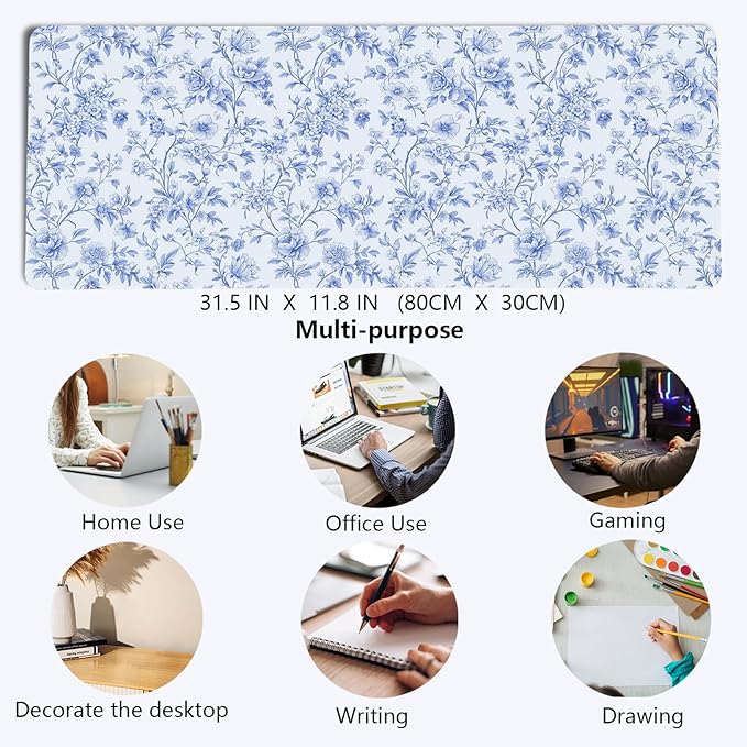 Light Blue Chinoiserie Mouse Pad,Vintage Blue And White Floral Desk Mat,XL Large Vintage Floral Preppy Mouse Pad,Girly Gaming Mousepad,Girly Laptop Desk Mat For Dorm Home Office,31.5x11.8 Inch