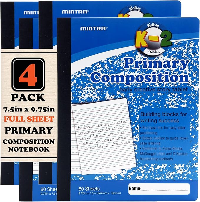 Mintra Primary Composition Notebook, 4 Pack, Blue Cover, 80 Sheets, 7.5in x 9.75in, Full Sheet, Ruled with Drawing Area, Flexible Hardcover Journal, Grades K-2, School & Home Use
