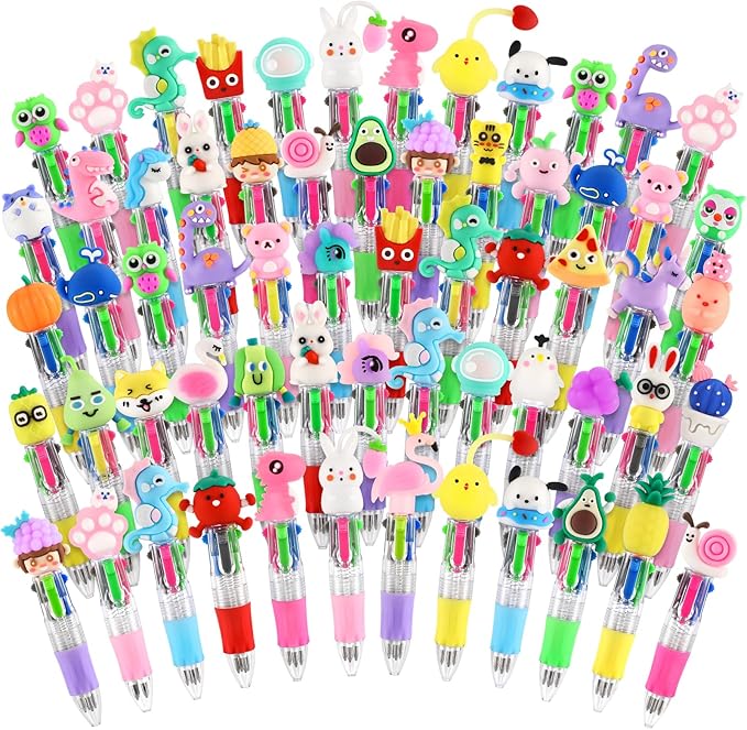 arscniek 100Pcs Multicolor Pen in One, 4-in-1 0.5mm Fine Point Cute Pens, Fun Kawaii Ballpoint Pen for Party Favors, Classroom Prizes, Teacher School Supplies, Bulk Gifts for Students
