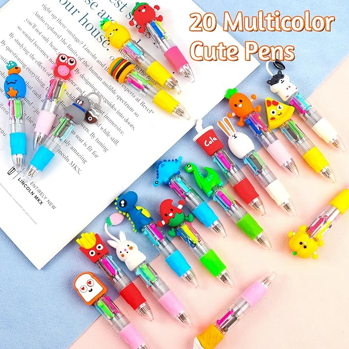 CZWZ 20Pcs Mini Multicolor Pens in One 4-in-1 Cute Pens Bulk for Kids, Fun Kawaii Ballpoint Pens for Birthdays and Children's Party Favors Gifts Teacher School Supplies