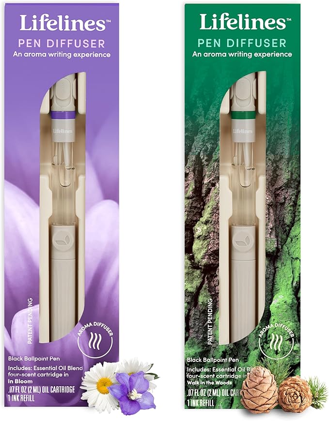Lifelines Pen Diffuser Set, 2-Pack (Walk in The Woods & in Bloom) - 1mm Black Ballpoint Pens with Scented Essential Oil Diffuser - Aromatherapy & Sensory Immersion Diffuse Aroma As You Write