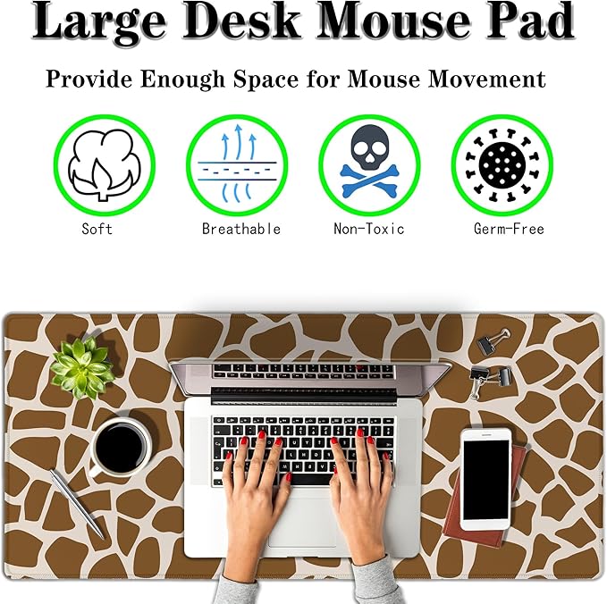 Office Desk Mat Yellow, Large Mouse Pads Gaming, Waterproof Non-Slip Rubber Base, 35.4" X 15.7" for Work/Game/Office/Home Cartoon Spots Fur Animal Africa