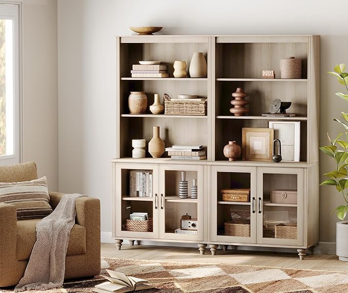 WAMPAT 5 Tier Bookshelf 72" Tall Bookcase with Glass Doors,Large Farmhouse Display Book Shelf with Adjustable Shelves and Storage Cabinet，Library Wood Bookshelves for Living Room,Kitchen, Light Oak