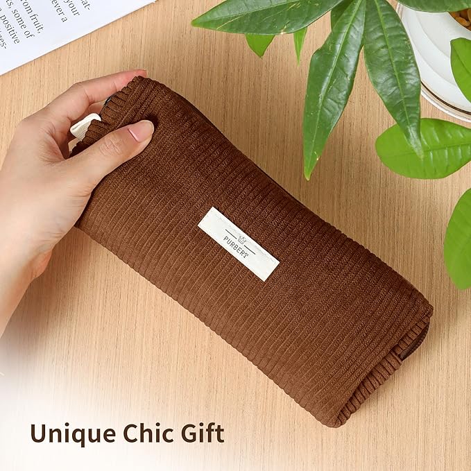 Pencil Bag Pen Case, Soft Corduroy Small Pencil Pouch Organizer with Zipper, Cute Pencil Case Pouch Stationery for Girls and Boys – Brown