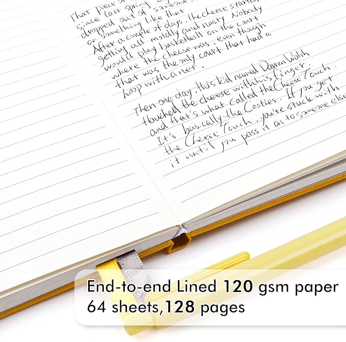 feela 5 Pack Journal Notebook Bulk for School, Hardcover Business Notebooks Classic Ruled Lined Journals with Pen Holder for Work Note Taking, with 5 Black Pens, 120 GSM, 5.1”x8.3”, A5, Yellow