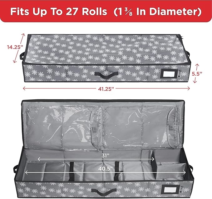 Wrapping Paper Storage Container – Fits up to 27 Rolls 1 3/8” Diam. - Underbed Gift Wrap Organizer Bags, Wrapping Paper Rolls, Ribbon, and Bows - Under Bed- Durable Material 600D - Up to 40" Rolls