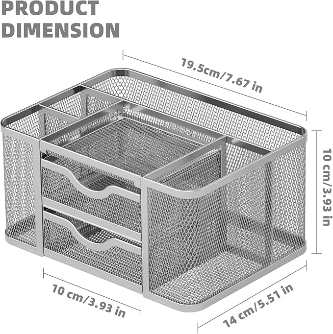 Marbrasse Mesh Desk Organizer, Pen Organizer with 2 Drawer, Multi-Functional Pencil Holder for Desk, Desk Organizers and Accessories with 5 Compartments + Drawer for Office Art Supplies (Silver)