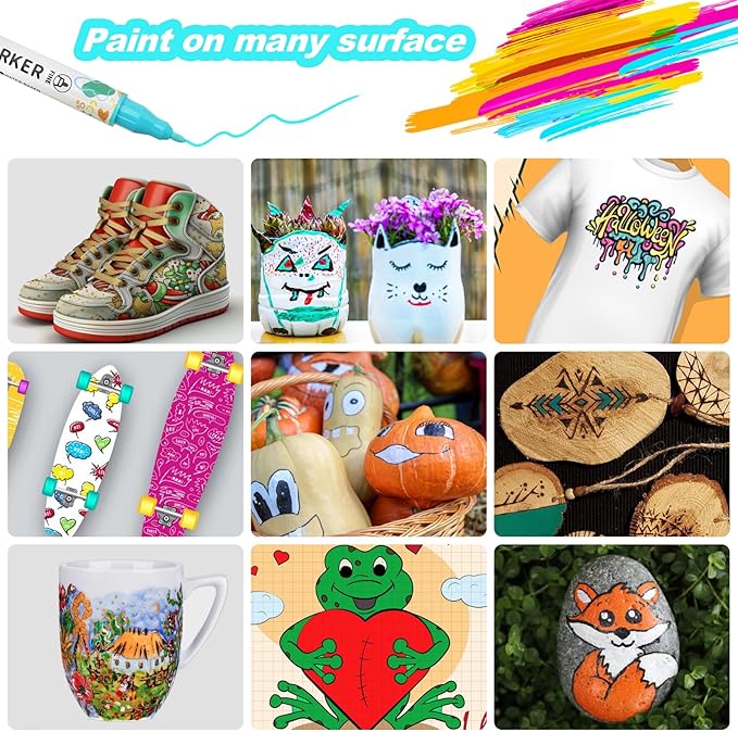 60 Colors Acrylic Paint Pens, Dual Tip Acrylic Paint Markers for Paper, Wood, Canvas, Stone, Rock Painting, Glass, Fabric, DIY, Ceramic, Art Supplies for Kids and Adults Drawing (Dot + Fine)