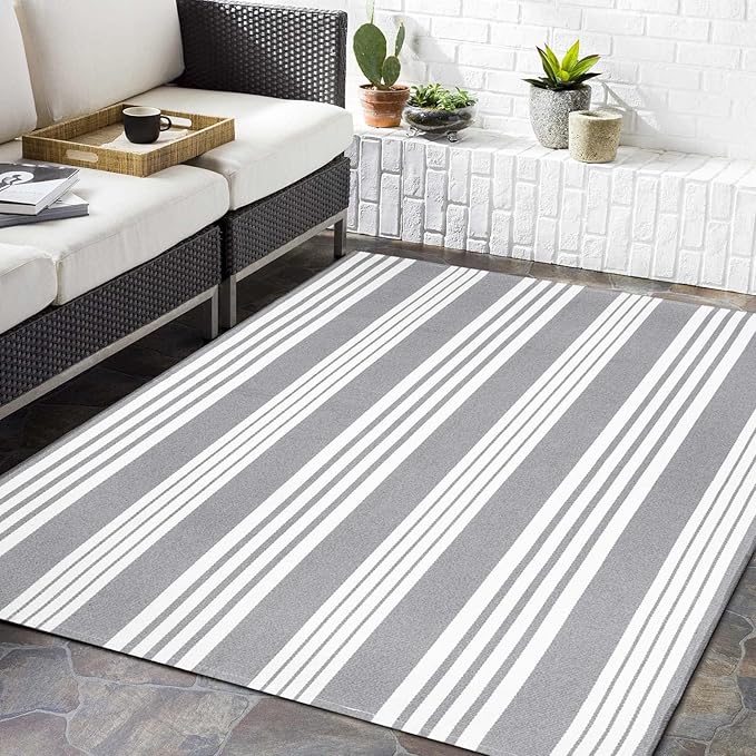 OJIA Outdoor Area Rug 4'x6', Gray and White Outdoor Rug Machine Washable Patio Rugs Cotton Hand Woven Entryway Rug Indoor Outdoor Rugs for Bedroom Living Room Porch Decor Deck Backyard Camping