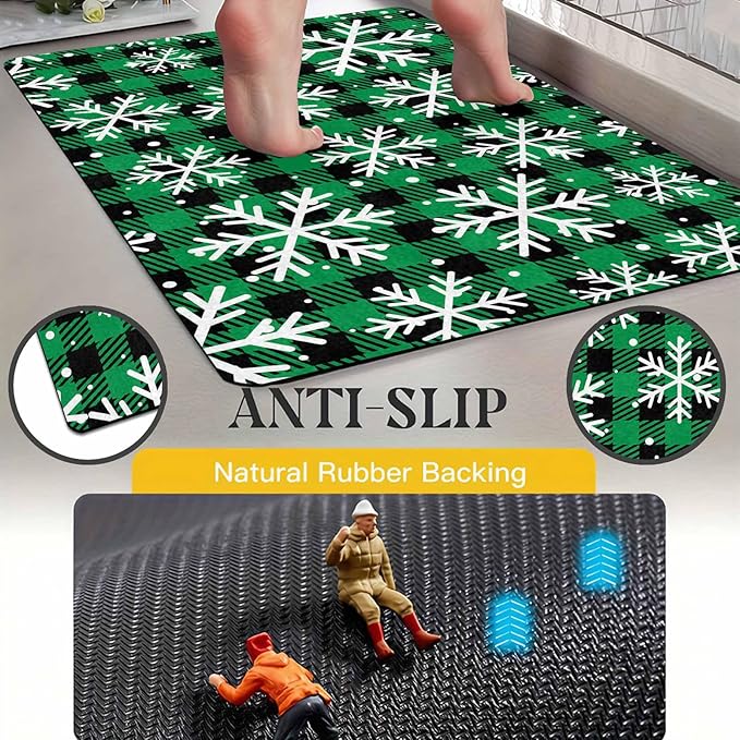 Merry Christmas Door Mat Xmas Snowflakes Doormat Non Slip Rubber Entry Front Porch Rugs Green Plaid Welcome Mats for Christmas Indoor Outdoors, 16" x 24" Inch