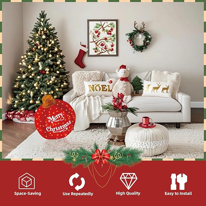 Lighted Pop-Up Christmas Ball with 180 LEDs & 8 Light Functions, Holiday Yard Decor，Outdoor Christmas Decorations