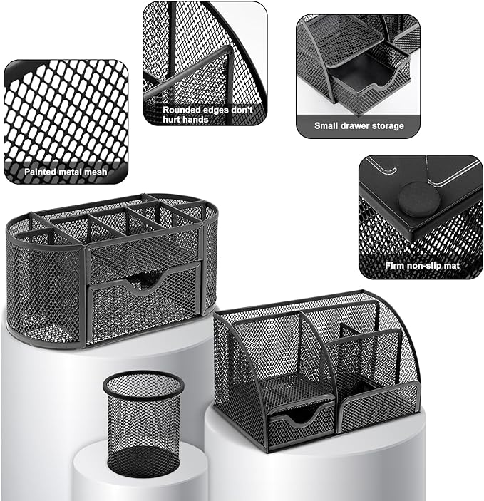 17 in 1 Black Desk Organizers and Accessories Set, 3 Office Desk Supplies Storage Organization, 4 Pens, Stapler, Staples & Remover, Tape & Dispenser, Scissors, Ruler, Clips, Hole Punch, Back to School