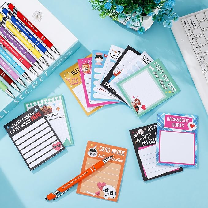 Geyee 24 Pcs Fun Nurse Sticky Notes with Funny Pens Fun Notepads for Adults Coworkers Nurse 3 x 4 Inch to Do List Notepads with Sayings Pen for Lab Week Gifts Teacher Office Supplies