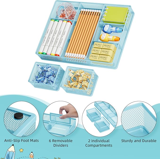 Marbrasse 3 Packs Desk Drawer Organizers, Metal Mesh Dividers with 9 Adjustable Compartments, Pen Organizer for Drawer Tray Box Accessories for Desktop,Kitchen, Makeup(Blue)