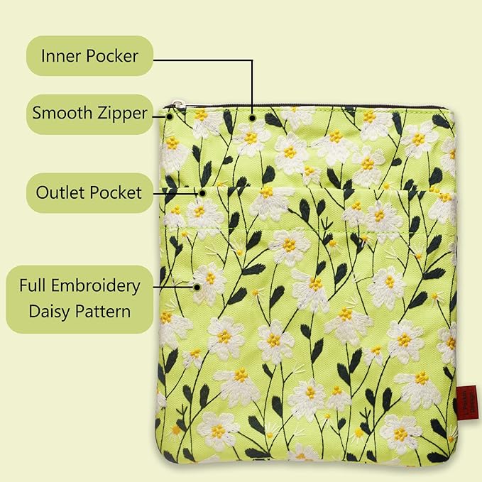 LParkin Daisy Flower Embroidery Book Sleeve with Zipper for Readers Protector Cover Gift for Book Lovers, 11x 8.5 Inch Washable Fabric, Daisy White(White)