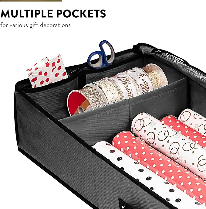 ZOBER Wrapping Paper Storage Containers - 40 Inch Gift Wrap Organizer with Interior Pockets - Fits 20 Standard Rolls, Bows, and Ribbons