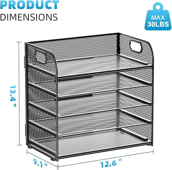 Marbrasse 2 Pack Desk Organizer with Handle, 5 Tier Paper Organizer Letter Tray Organizer, Mesh Desk File Organizer for Office, School and Home