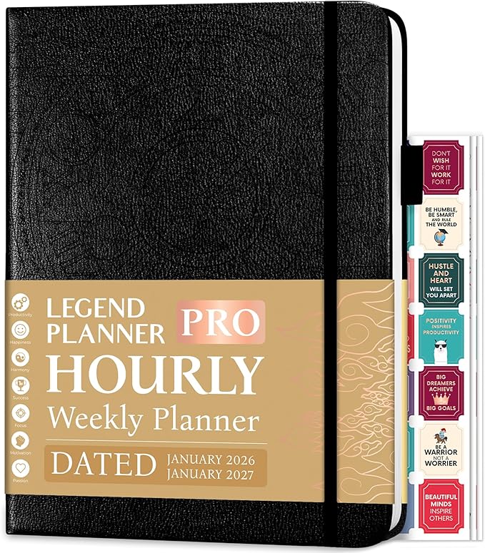 Legend Hourly Schedule Planner PRO Dated Jan 2026-Jan 2027 – Deluxe Weekly & Daily Organizer with Time Slots. Appointment Book Journal for Work & Time Management, A4 Hardcover, Black