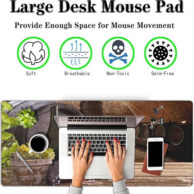 Pc Mouse Pad Wine Desktop Pad, Extra Large Mouse Pads Mans Office Accessories Gaming Desk Mats, Mousepad Large Waterproof Non-Slip Rubber Base, 35.4 X 15.7 inch for Work/Game/Office/Home
