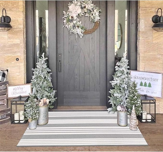 OJIA Entryway Rug 3'x5' Cotton Hand Woven Christmas Front Door Mat Holiday Doormat Machine Washable Outdoor Rugs Grey and White Striped Entry Rug Porch Rugs for Farmhouse/Bedroom/Home Entrance Decor