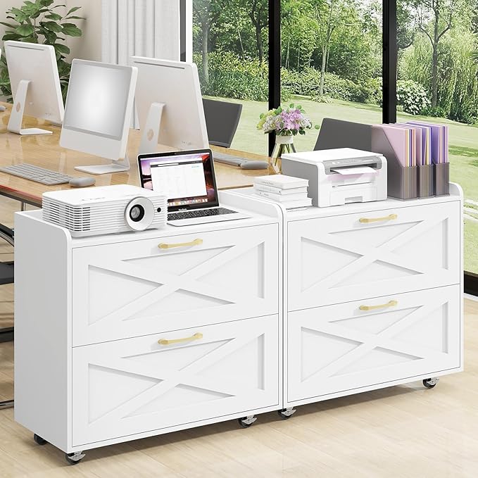 Lateral File Cabinet 2 Drawers Mobile File Cabinet with Charging Station for Letter/Legal/A4 Size Hanging Files, Large Wood File Storage Cabinets Printer Stand for Home Office, Simple White