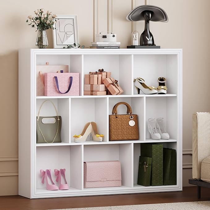 Wooden 10-Cube Storage Organizer, 3-Tier Bookshelf, Wood White Bookshelf, Bookcase, Cubical Storage Shelf with 3 Removable Back Panels for Bedroom Home and Office