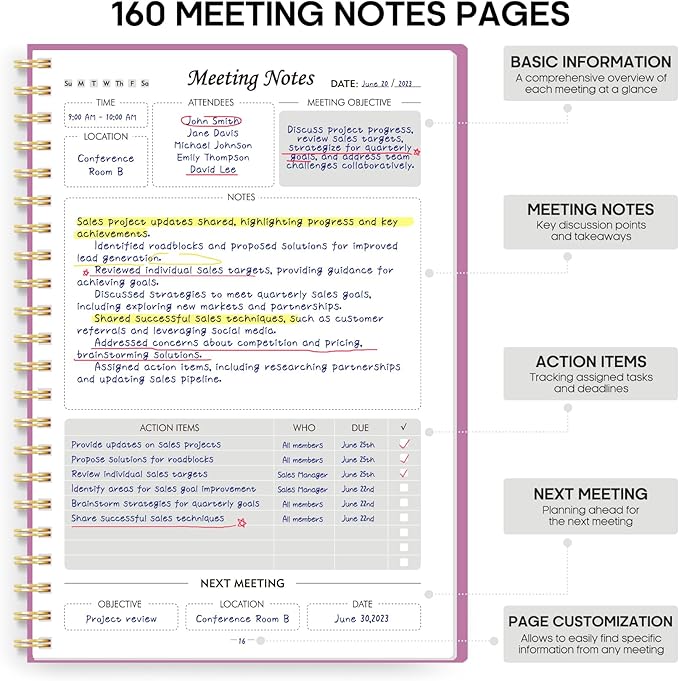 Meeting Notebook for Work Organization - Work Planner Notebook with Action Items, Agenda Planner for Note Taking, 160 Pages (6.9" X 9.9") Project Organizer for Men & Women - Purple