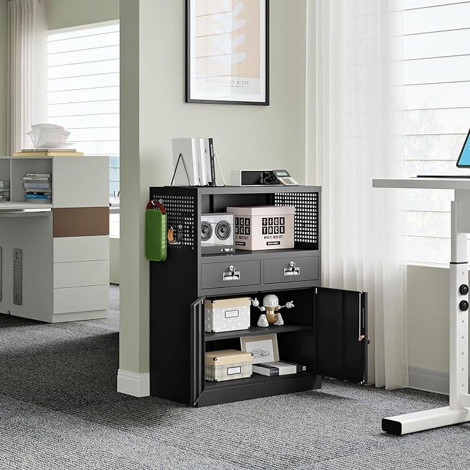 Yizosh Metal Storage Cabinet with 2 Drawers and Locking Doors,- 41.3" Steel Lockable Storage Cabinet with Shelves for Home Office,Garage,School (Black)