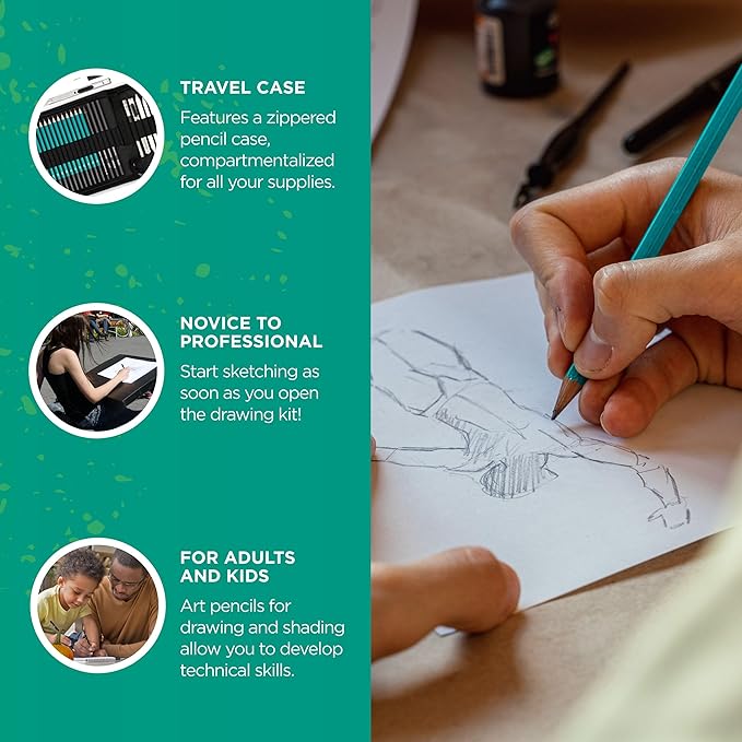 Norberg & Linden XL Drawing Set - Sketching, Graphite and Charcoal Pencils. Includes 100 Page Drawing Pad, Kneaded Eraser, Blending Stump. Art Kit and Supplies for Kids, Teens and Adults