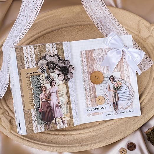 Lace Pattern Washi Tape Set, 6 Rolls Japanese Paper Decorative Stickers with 1 Clip, Lace Fabric for Scrapbooking, Journaling, Craft Supplies, 1.57in x 79in