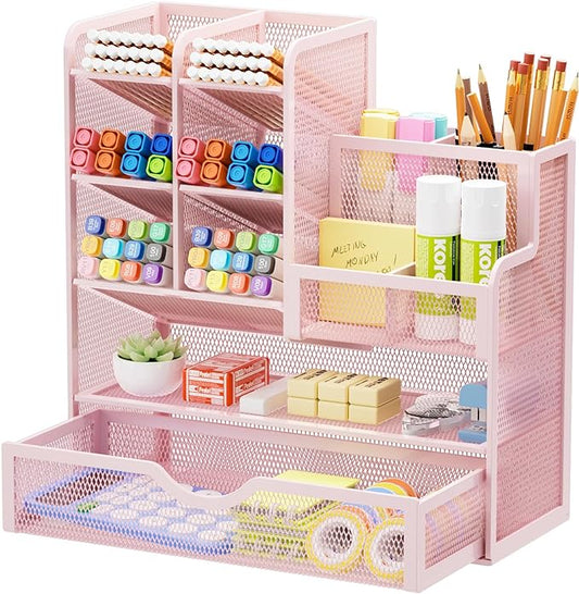 Marbrasse Mesh Pen Holder for Desk, Desk Organizer with Drawer, Multi-Functional Pencil Organizer, Desk Organizers and Accessories for Office Art Supplies (Pink)