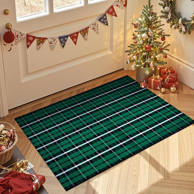 OJIA Christmas Front Door Mat Outdoor 24"x36" Cotton Green Plaid Rug, Washable Front Porch Rug Farmhouse Holiday Doormat Indoor Small Area Rugs for Layered Welcome Mat Kitchen Entrance Bathroom Decor
