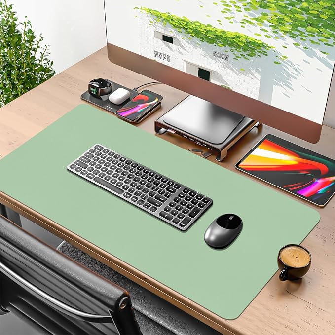 Leather Desk Mat, 31.5"×15.7" Desk Matt for Desktop, Waterproof Keyboard Pad, Computer Mats for Desktop, Large Mouse Pad, Non-Slip Computer Mat for Office Home - Lake Green