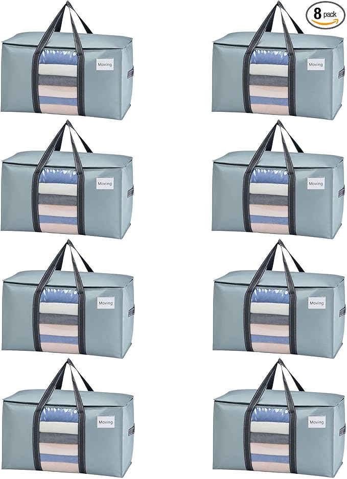 VENO 8 Pack Moving Bags, Moving Supplies, Moving Boxes, College Packing Storage Boxes with Lids Alternative, Heavy Duty Totes, Extra Large, Sturdy Handles, Zipper (Light Blue with Window, 8 Pack)
