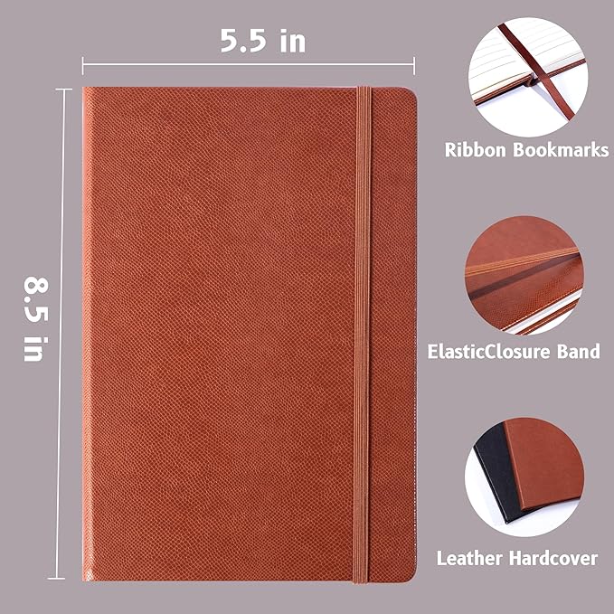 Lined Journal Notebooks for Work 2 Pack, 320 Pages, Medium 5.5 in x 8.5 in - 100 GSM Thick Paper, Hardcover Journal Leather Notebook for Writing & Note Taking, 2 Brown