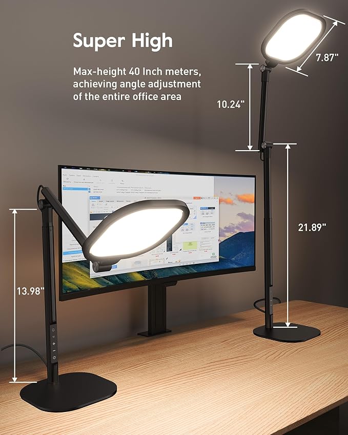 Led Desk Lamps for Home Office with Base, Tall Desk Lamp with 50 Light Modes & Memory and Timer Func Computer Light, Flexible Adjustable Table Lamps for Video Conference, Architect or Study( Black)