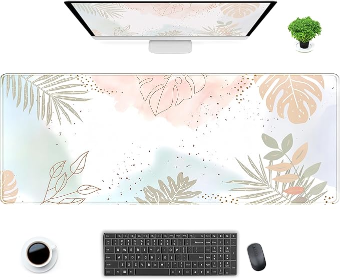 Pastel Boho Leaf Desk Mat Aesthetic Gaming Mouse Pad XL Large Extended Desk Pad Anime Desk Matt for Desktop, Laptop Computer Keyboard and Mouse Mat for Women Office Decor Accessories 31.5x11.8 in