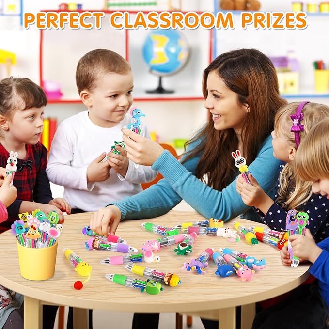 arscniek 100Pcs Multicolor Pen in One, 4-in-1 0.5mm Fine Point Cute Pens, Fun Kawaii Ballpoint Pen for Party Favors, Classroom Prizes, Teacher School Supplies, Bulk Gifts for Students