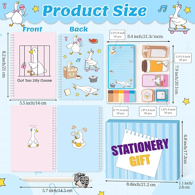 B1ykin Stationery Gift Set - 3Pcs Notebook Sticky Notes, A5 Spiral Notebooks & 550 Sheets Cute Sticky Notes with Pens Kit for Office School Teacher Thanksgiving Supplies (Funny Goose)