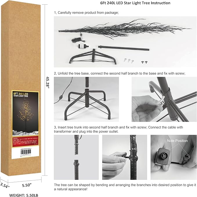 LIGHTSHARE 6FT 240L LED Star Light Tree, for Home Festival Party Christmas, Indoor and Outdoor Use, Warm White