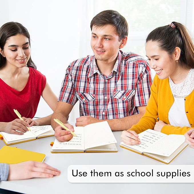 feela 5 Pack Journal Notebook Bulk for School, Hardcover Business Notebooks Classic Ruled Lined Journals with Pen Holder for Work Note Taking, with 5 Black Pens, 120 GSM, 5.1”x8.3”, A5, Yellow