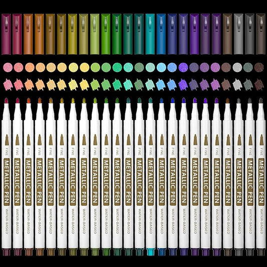Lelix 24 Colors Metallic Marker Pens, Fine Tip Paint Pens for DIY Photo Album, Black Paper, Card Making, Rock Art Painting, Scrapbooking, Glass, Metal, Wood