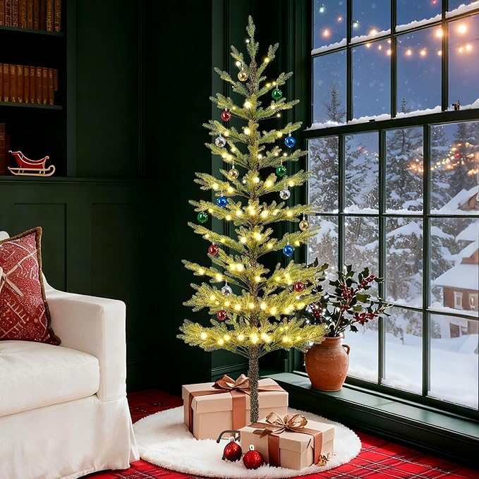 Lightshare 6FT 132L Warm White Pine Needle Christmas Tree with Ornaments, Remote & Dimmable Transformer