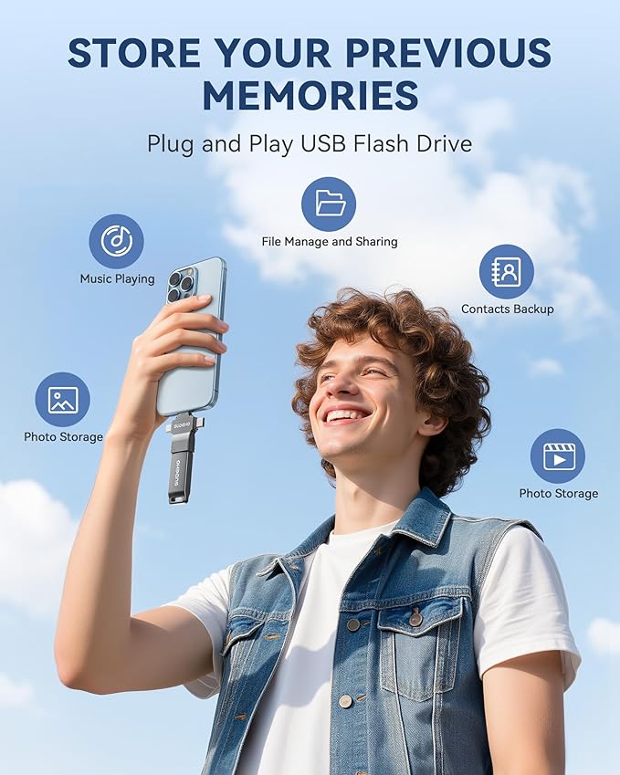 MFi Certified Photo Stick 128GB USB Flash Drive for iPhone, 4 in 1 External Memory Thumb Drive for Picture Video Data Backup, High Speed Memory Stick USB Drive for iPhone/iPad/Android/PC (Gun Black)