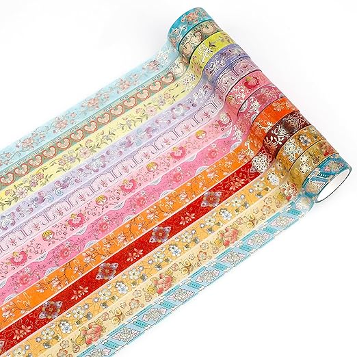 Lychii Washi Tape Set, 12 Rolls Vintage Masking Tape, Gold Foil Decorative Tape, 5M/16.4Ft Long Glitting Oriental Aesthetic Journaling Supplies for Planner, Bujo, Artistic Projects - 15mm