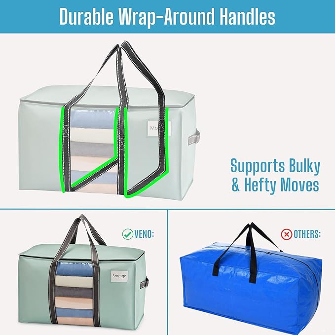 VENO 8 Pack Moving Bags, Moving Supplies, Moving Boxes, College Packing Storage Boxes with Lids Alternative, Heavy Duty Totes, Extra Large, Sturdy Handles, Zipper (Light Green with Window, 8 Pack)