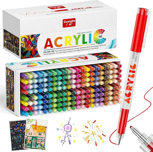 168 Colors Acrylic Paint Markers, Acrylic Ballpoint Pens Bullet Tip 1.0 mm, High Gloss Gel Pens, Non-Bleed Ink, Odorless, Quick-Drying, Smoothly for Detail Work, Writing, Doodling, Note taking
