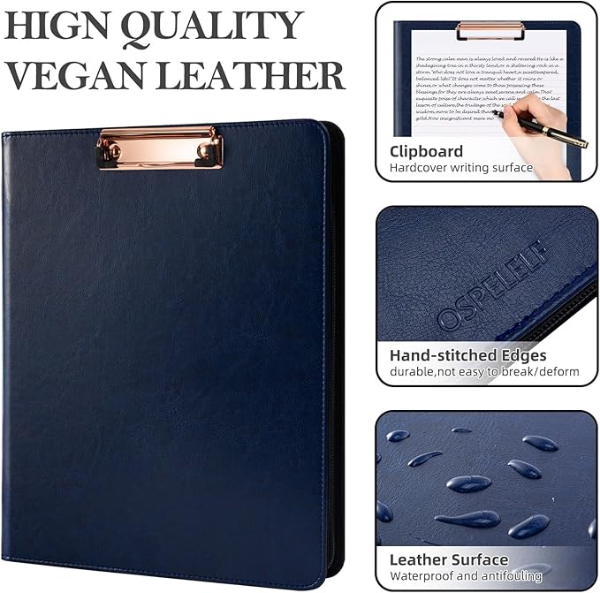 Ospelelf 3 Ring Portfolio Binder with Zipper, Leather Clipboard with Storage, Padfolio Folder for Men, 12.1” Tablet Sleeve, 5 Dividers with Pocket, Refillable Notepad, Card Slot (Navy Bule)